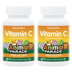 NaturesPlus Animal Parade Vitamin C orange chewables bottle pour, kid-friendly daily serving option