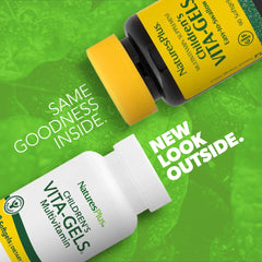 NaturesPlus Children's Vita-Gels label closeup highlights essential vitamins for growth support.