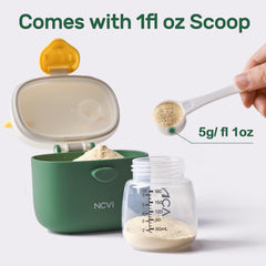 NCVI dispenser offers multiple compartments to keep powder and scoop organized.