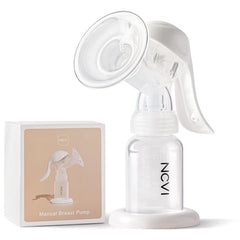 NCVI manual breast pump in use with a 20mm flange for small nipples, compact on-the-go expression.