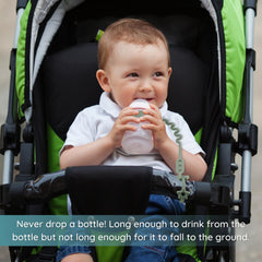 Nearbyme silicone strap buckle close-up shows adjustable fit for pacifiers toys and cups