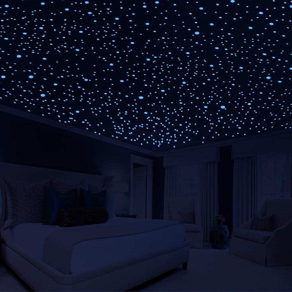 Neasyth glow stars green ceiling dots illuminate a cozy kids' room at night.