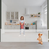 Neatki retractable gate shows 190in wide coverage for stairs, ideal for expansive spaces.