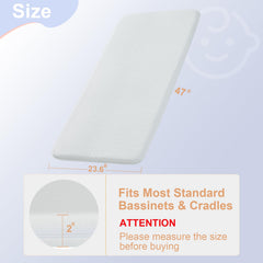 NeoBorn bassinet mattress pad shows dual foam layers for soft and firm support.