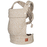 Nest Blanche baby carrier beige zebra front view shows ergonomic support for parent and baby.