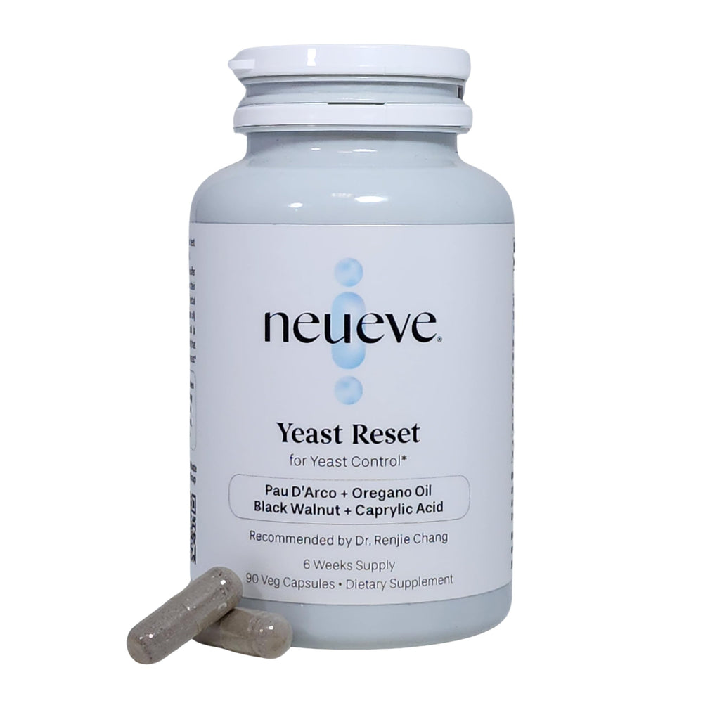 NeuEve Yeast Reset bottle shown for daily vaginal health support.