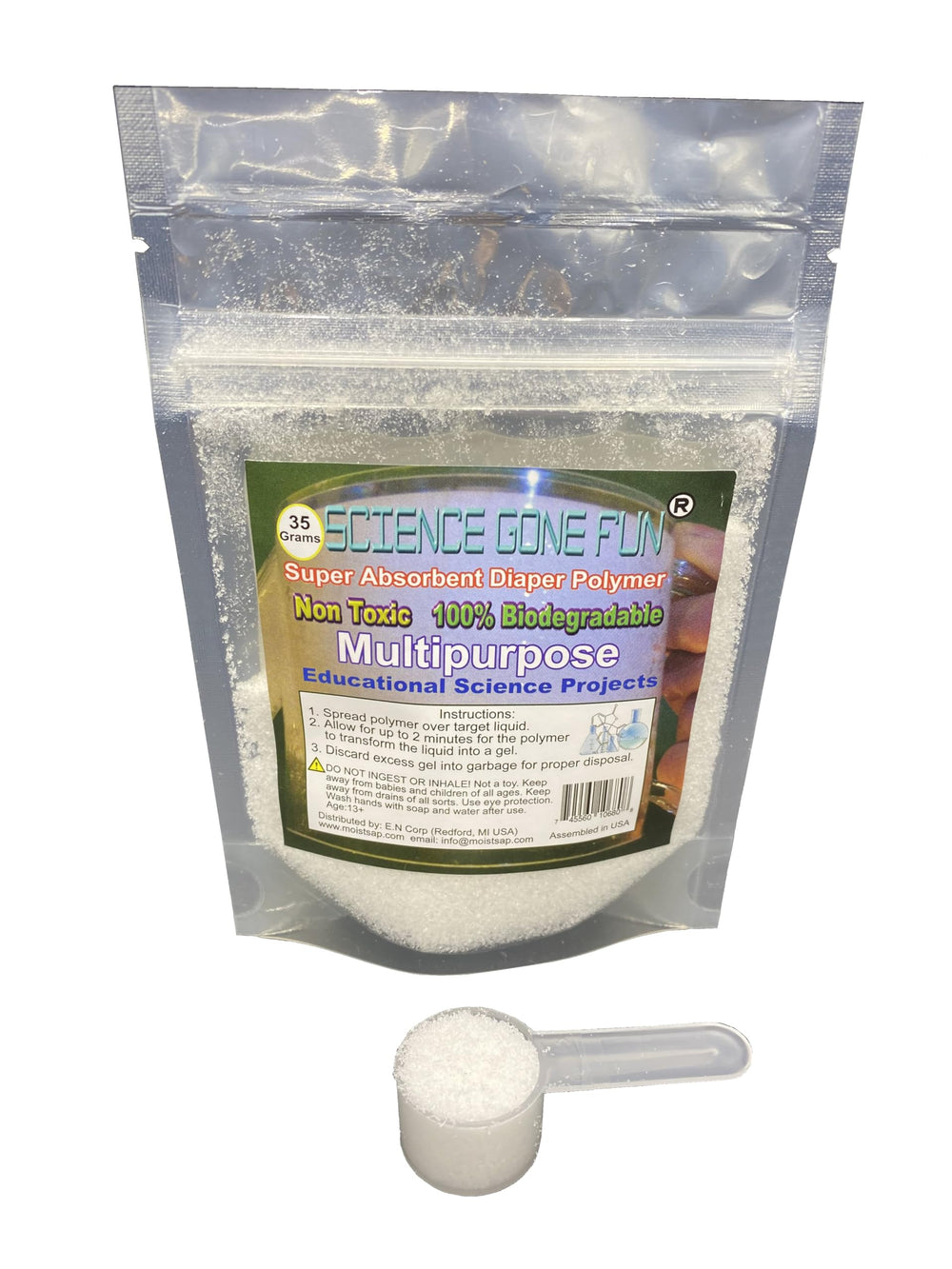 Newsorb sodium polyacrylate powder close view, ideal for science demonstrations
