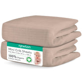 Newton Baby fitted mini crib sheets in clay, 2-pack, breathable and snug for mini cribs.