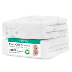 Newton Baby mini crib sheet with star-pattern closeup, breathable organic cotton for safe, cozy naps.