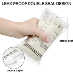 Newwiee 7 oz breastmilk bags show clear read-gradation marks for portioning.
