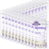Newwiee 7oz breastmilk bags in a 600-count purple pack for organized fridge storage.