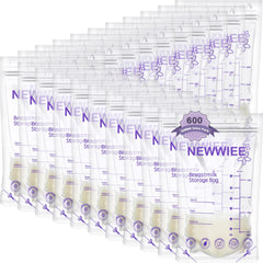 Newwiee 7oz breastmilk bags in a 600-count purple pack for organized fridge storage.