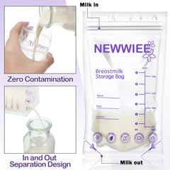 Newwiee bags show measurement marks to help portion milk accurately.