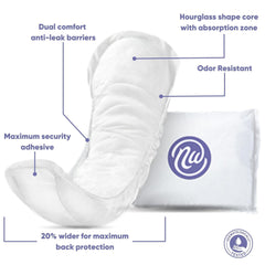 Nexwear núcleo transpirable en forma de reloj de arena para comodidad y absorción rápida.