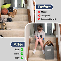 Nice & Simple Stair Basket in collapsible design for compact storage when not in use.