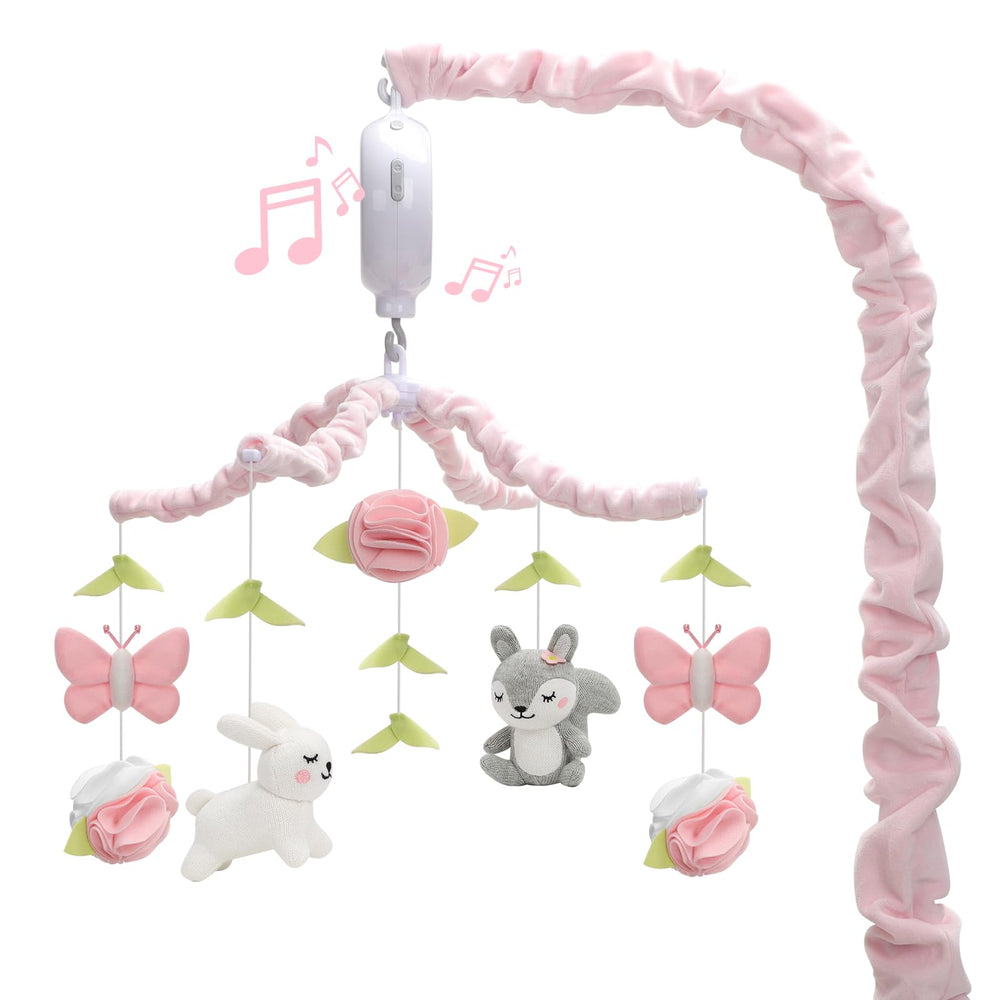 NICEMER baby crib mobile with woodland rabbit figures for visual tracking and soothing moments.