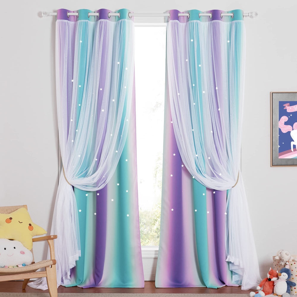 NICETOWN gradient-star curtains in teal and purple for a dreamy nursery ambiance