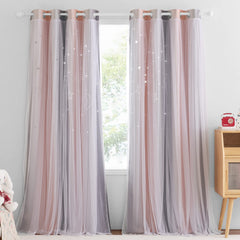 NICETOWN Moon Stars curtains create dreamy star patterns in a pink-gray girls' room.