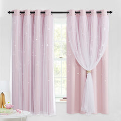 NICETOWN moon-star cutout curtains pink panels letting soft light through.