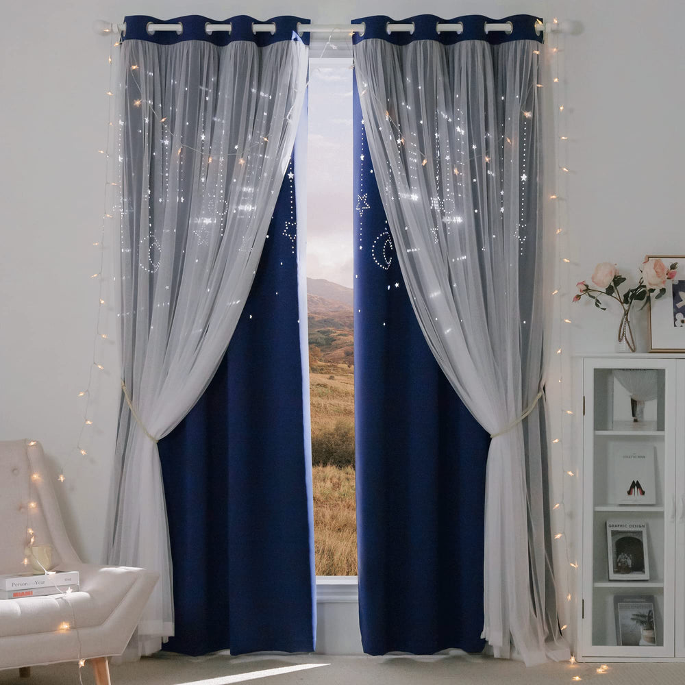 NICETOWN navy star moon curtains full view with dual-layer blackout.