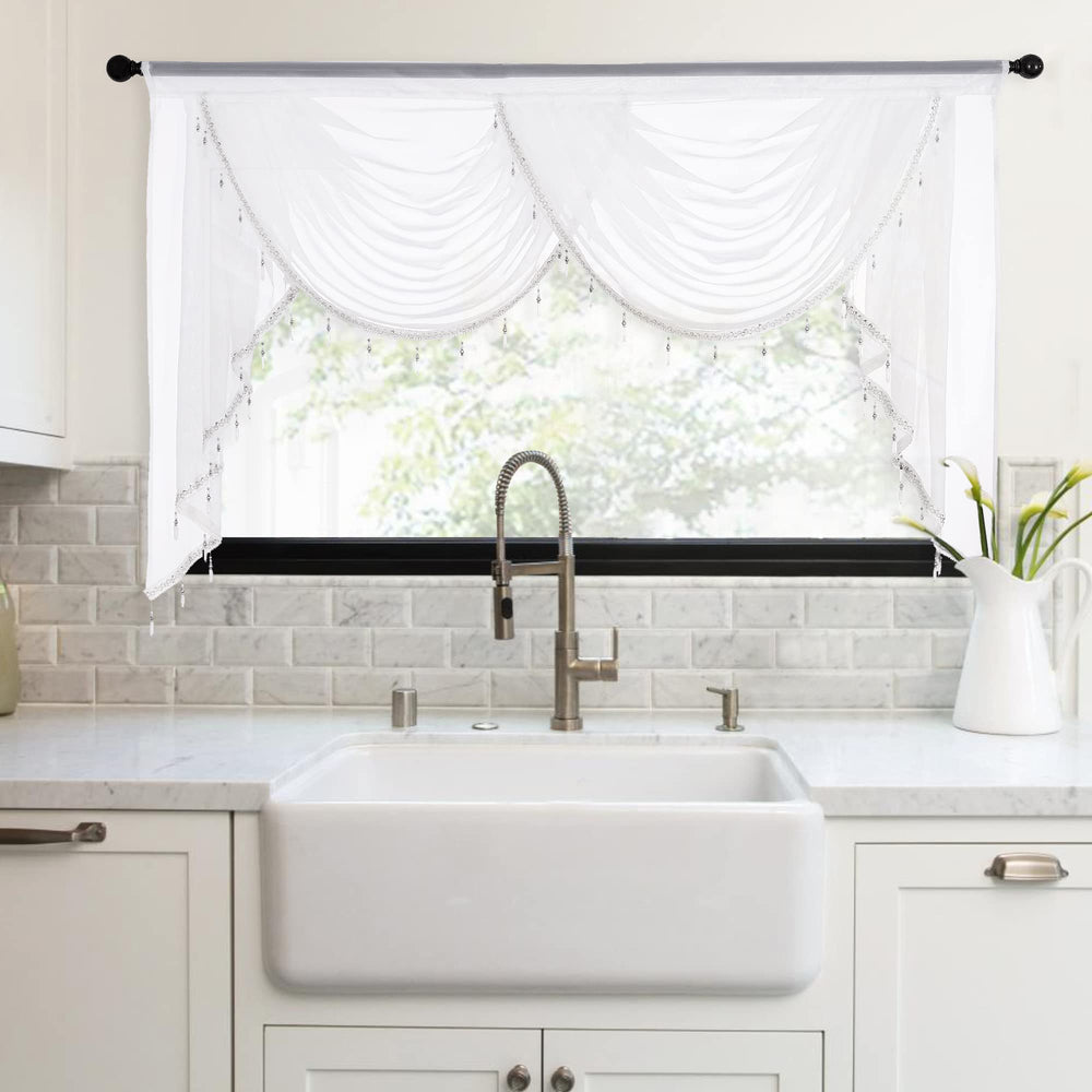 NICETOWN swag valance in white for living room, soft light and elegant ambiance.