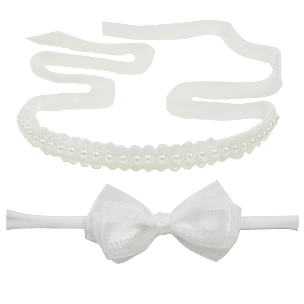 Nihao Baby headband bow white pearls; delicate newborn accessory for photos.