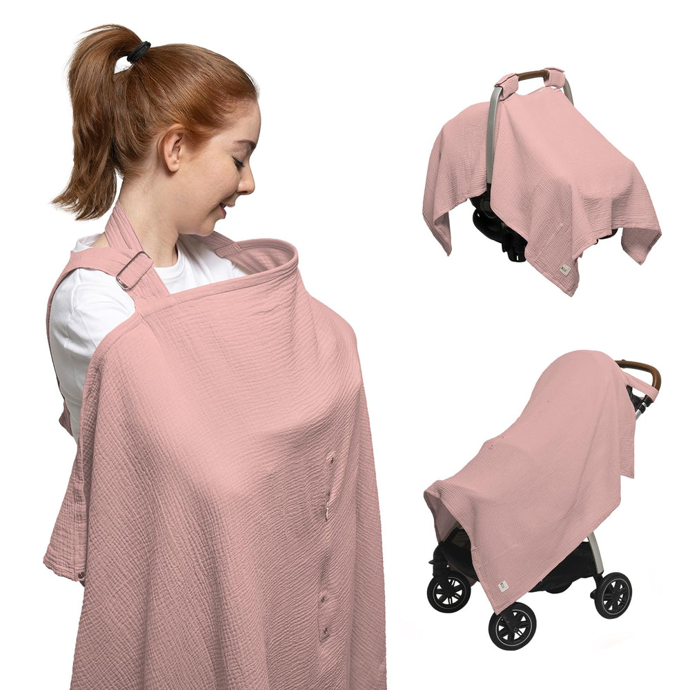 Nilsa 5-in-1 nursing cover with arch neckline for eye contact and airflow.