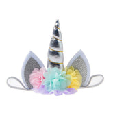 Nishine baby unicorn horn headband with glitter and chiffon flowers, ideal for photoshoots.