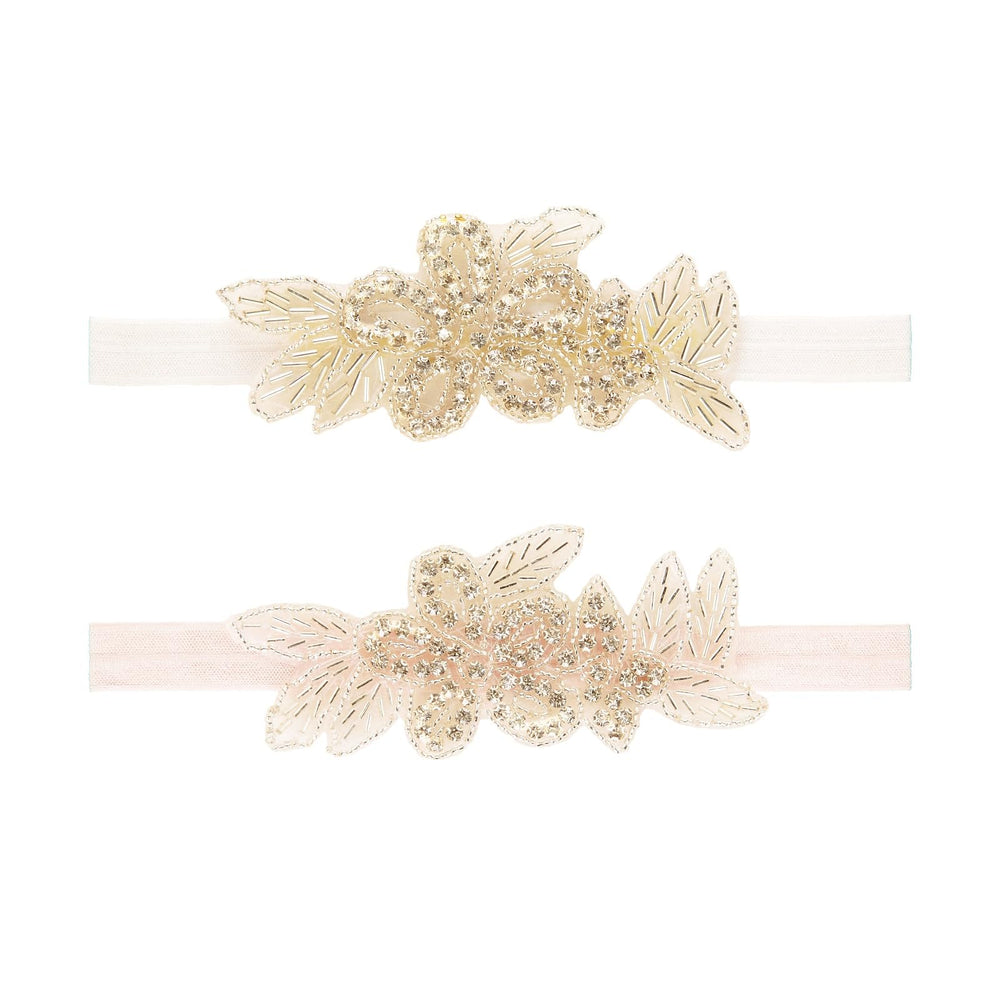 Nishine rhinestone flower headband with leaf white design, ideal for christenings and photos.