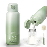 NISSYO.AM portable bottle warmer shows 17oz capacity for on-the-go feeding.