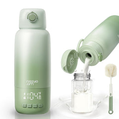 NISSYO.AM portable bottle warmer shows 17oz capacity for on-the-go feeding.