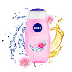 NIVEA Water Lily Oil Shower Gel bottle with moisturizing pearls for daily cleansing.