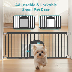 No Pawblems gate shows adjustable width for doorways and stairs.