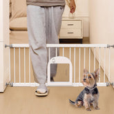 No Pawblems dog gate with pet door front view demonstrates adjustable access