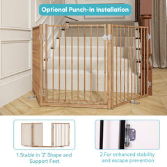 No Pawblems dog gate wood pattern with 360 hinges enabling flexible layouts