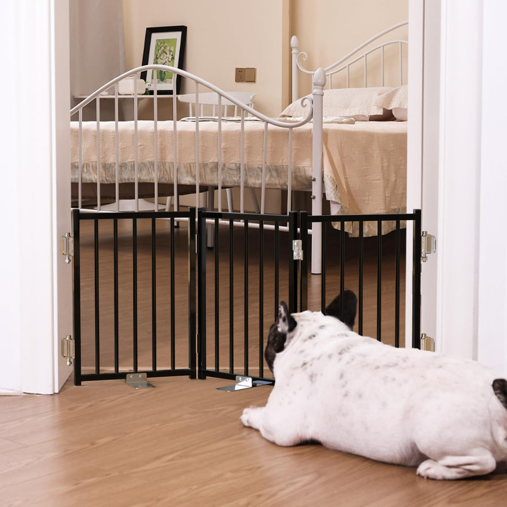 No Pawblems free-standing dog gate with 16.5-inch height for safe indoor enclosure.