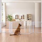 No Pawblems free-standing dog gate assembled in living room keeps your pet contained safely.