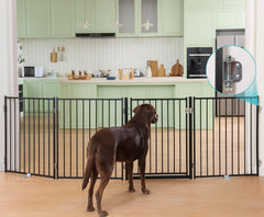 No Pawblems free standing dog gate overview shows sturdy metal frame for versatile containment