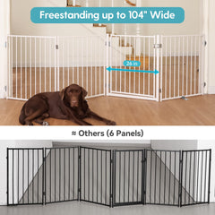 No Pawblems 104-inch wide foldable gate in white, blocks wide hallways.