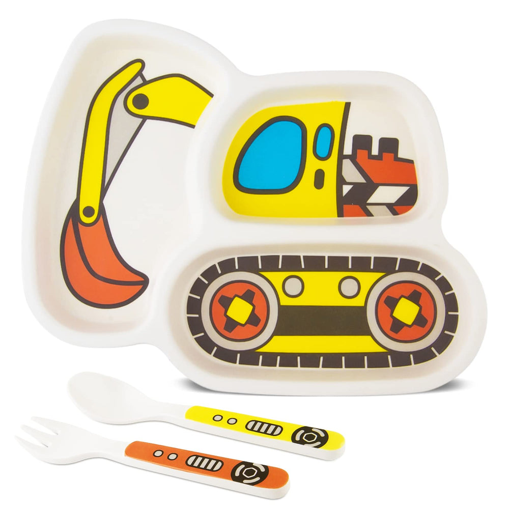 Nohlerlife Excavators plate set shows a divided bowl for easy food separation.
