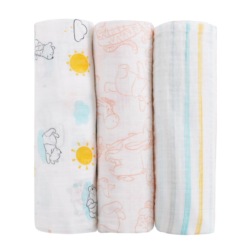 NoJo Disney Pooh prints swaddle blanket for cozy newborn cuddles.