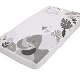 NoJo Elephant Hugs grey and white sheet for cozy photo opportunities.