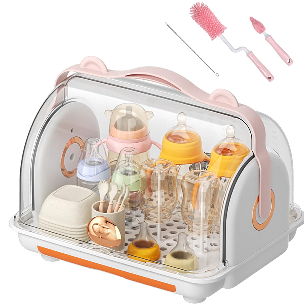 Nollapo baby bottle drying rack orange front view showing organized bottle storage