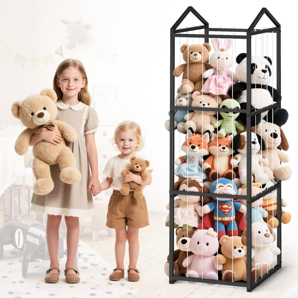 NomNest stuffed animal storage zoo showing plush toys organized for quick access in a tidy playroom