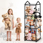 NomNest stuffed animal storage zoo showing plush toys organized for quick access in a tidy playroom