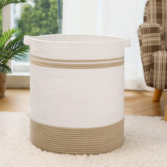 Nonazippy laundry hamper in natural cotton rope with 80L capacity for blankets and towels.