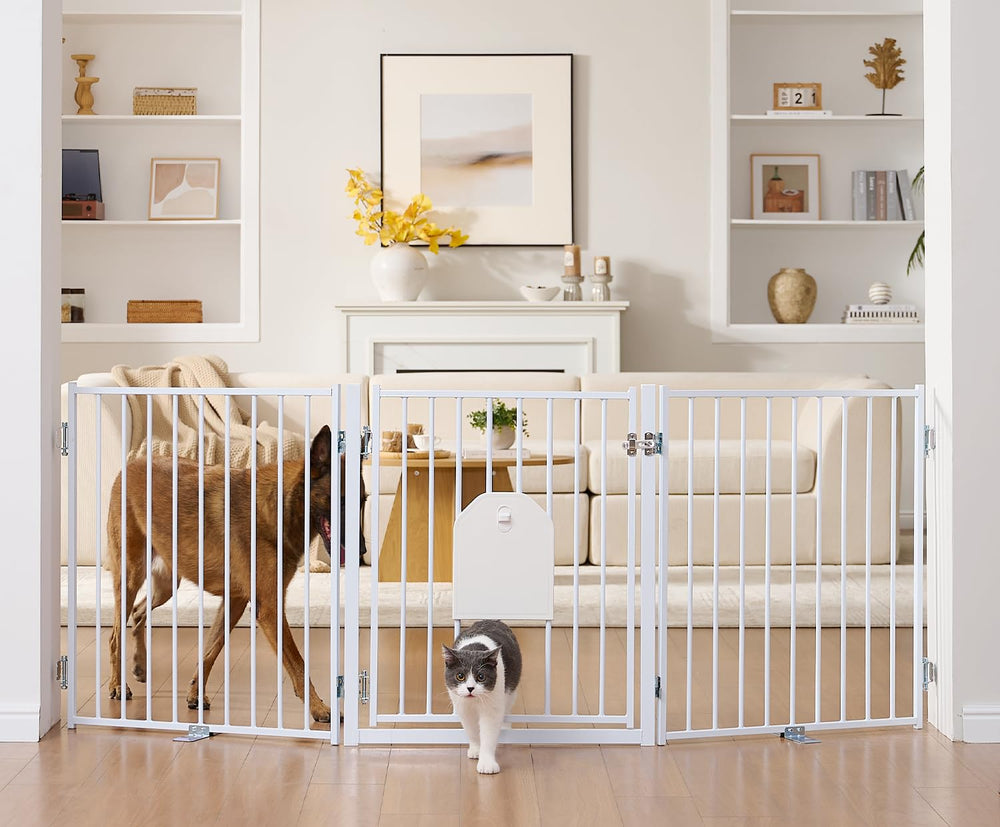No Pawblems free-standing dog gate, 30-inch height, cat door for stairs and doorways.