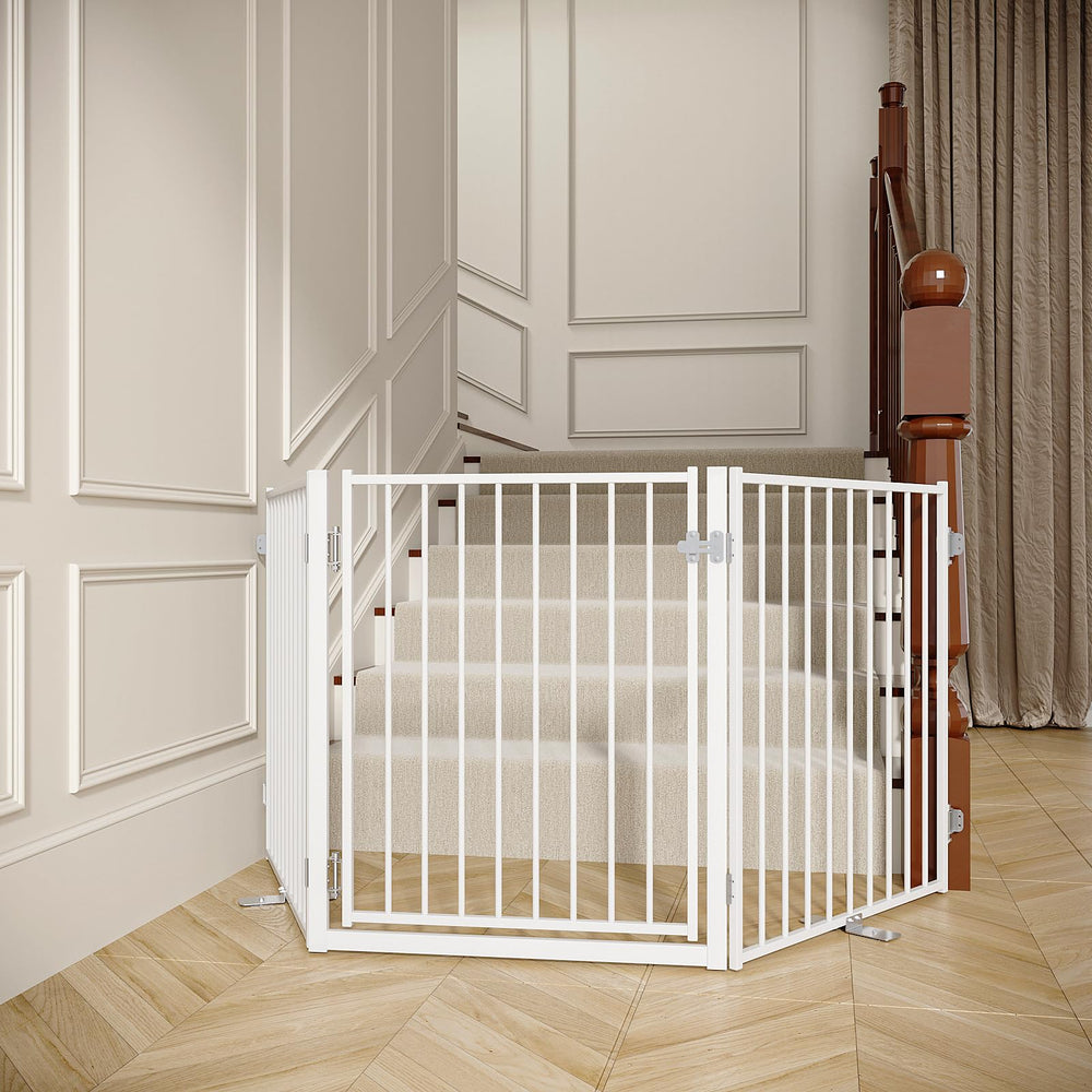 No Pawblems free-standing gate, 30-inch-tall metal barrier for stairs and doorways to contain pets safely.