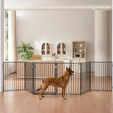 No Pawblems free-standing dog gate with 36-inch height blocks stairs indoors