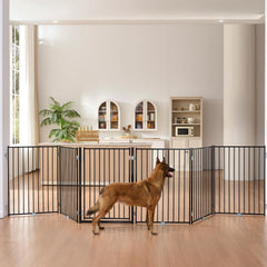 No Pawblems free-standing dog gate with 36-inch height blocks stairs indoors